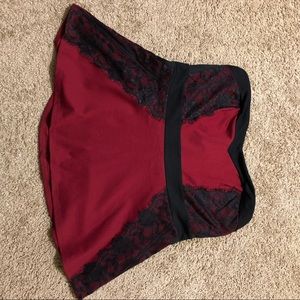 Cranberry and black lace strapless top